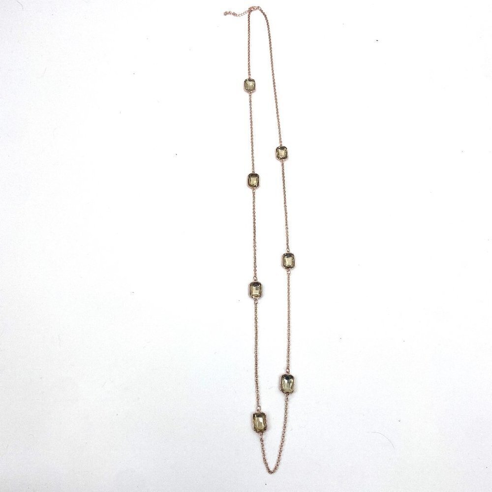 Rose Gold Tone Green Geometric Stone Long Necklace Costume Jewelry